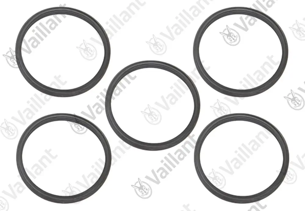Fünf schwarze Dichtungsringe aus Gummi, geeignet für Vaillant Produkte, auf hellem Hintergrund angeordnet.